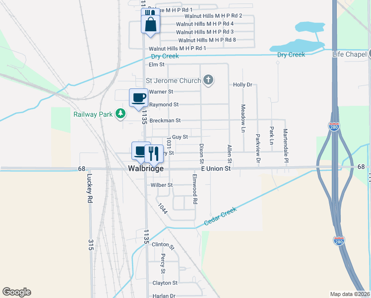 map of restaurants, bars, coffee shops, grocery stores, and more near 209 East Perry Street in Walbridge