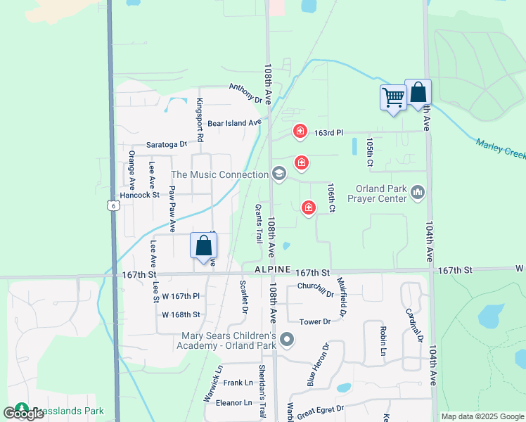 map of restaurants, bars, coffee shops, grocery stores, and more near 16533 Grants Trail in Orland Park