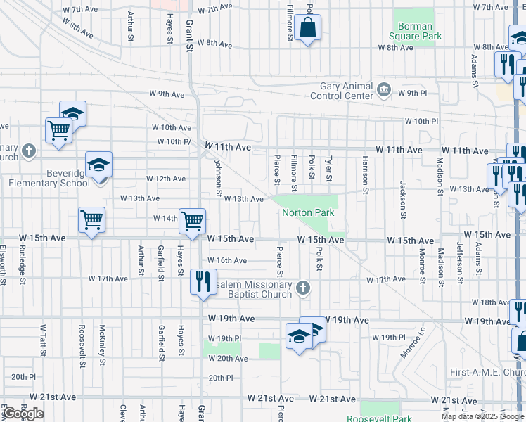 map of restaurants, bars, coffee shops, grocery stores, and more near 1323 Buchanan Street in Gary