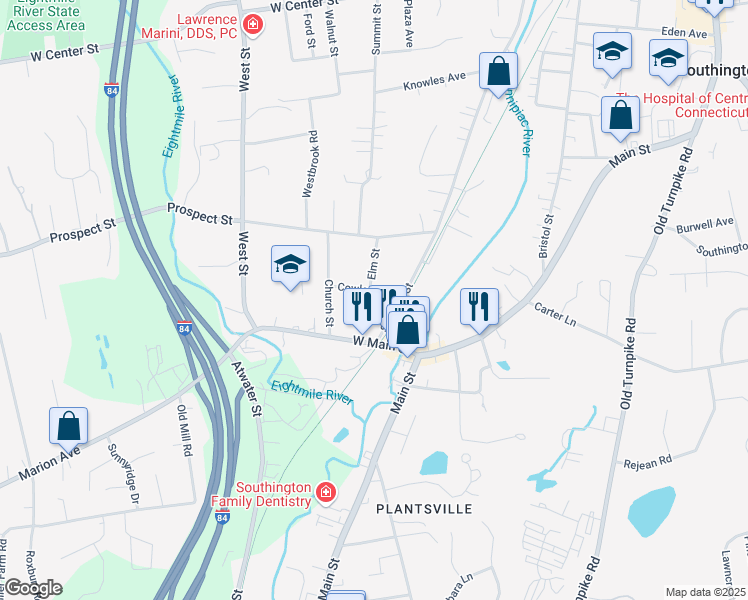 map of restaurants, bars, coffee shops, grocery stores, and more near 42 Cowles Avenue in Southington