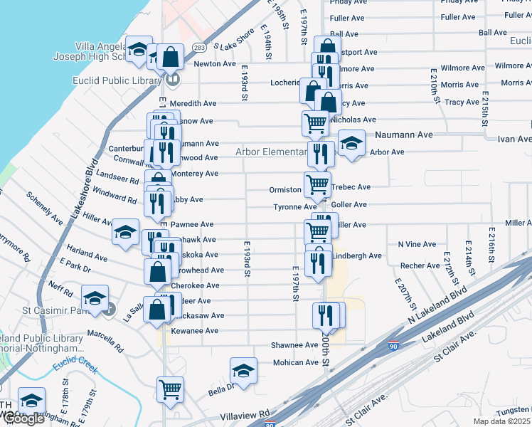 map of restaurants, bars, coffee shops, grocery stores, and more near 19505 Pawnee Avenue in Cleveland