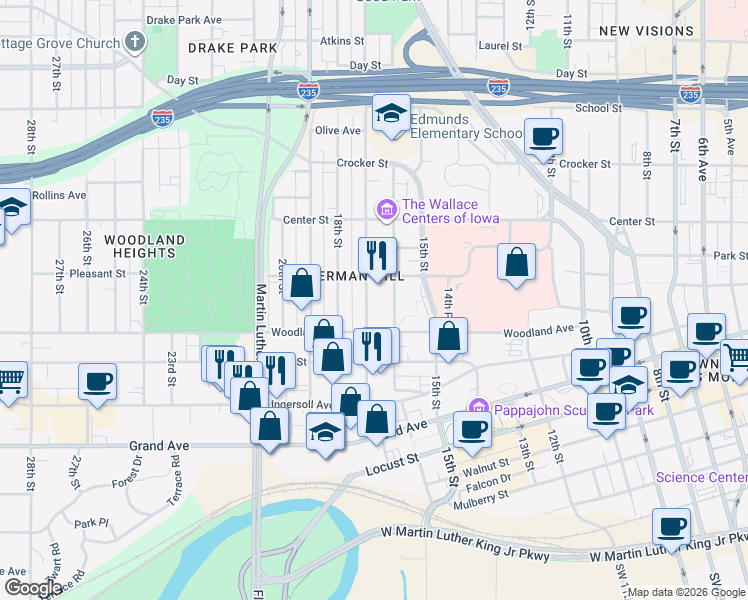 map of restaurants, bars, coffee shops, grocery stores, and more near 662 17th Street in Des Moines