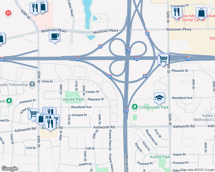 map of restaurants, bars, coffee shops, grocery stores, and more near 1233 Prairie View Drive in West Des Moines