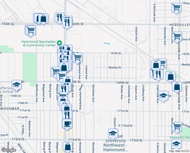 map of restaurants, bars, coffee shops, grocery stores, and more near 6833 Woodmar Avenue in Hammond