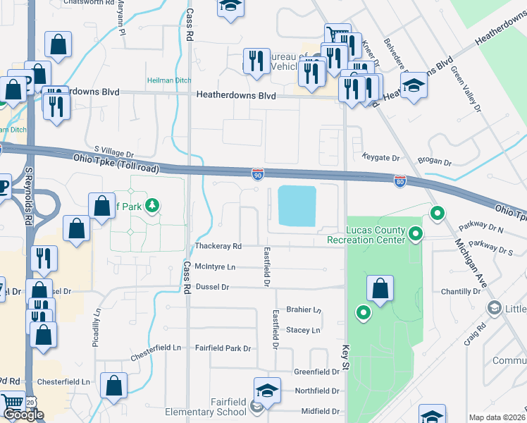 map of restaurants, bars, coffee shops, grocery stores, and more near 2230 Willowtree Lane in Maumee