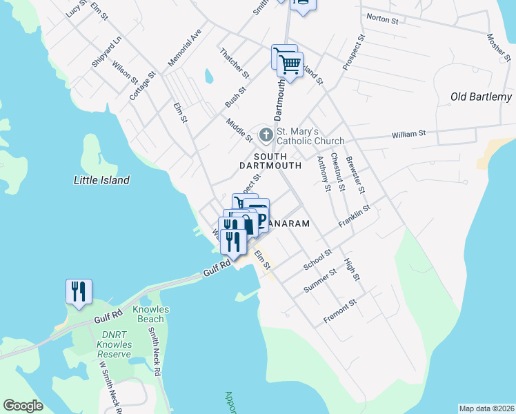 map of restaurants, bars, coffee shops, grocery stores, and more near 10 North Pleasant Street in Dartmouth