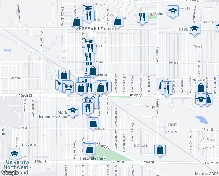 map of restaurants, bars, coffee shops, grocery stores, and more near 6843 Arizona Avenue in Hammond