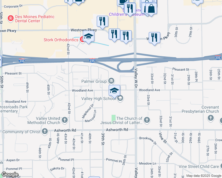 map of restaurants, bars, coffee shops, grocery stores, and more near 3737 Woodland Avenue in West Des Moines