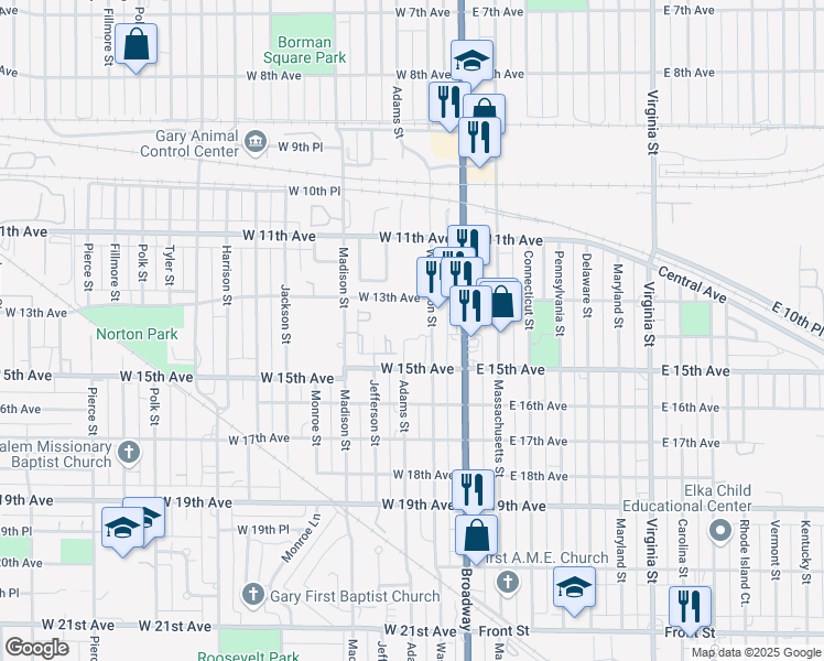 map of restaurants, bars, coffee shops, grocery stores, and more near 1349 Adams Street in Gary