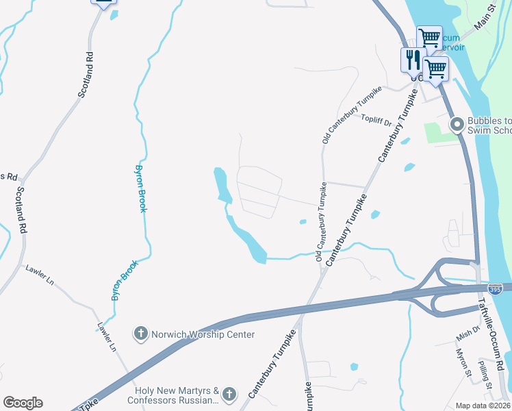 map of restaurants, bars, coffee shops, grocery stores, and more near 67 Center Drive in Norwich