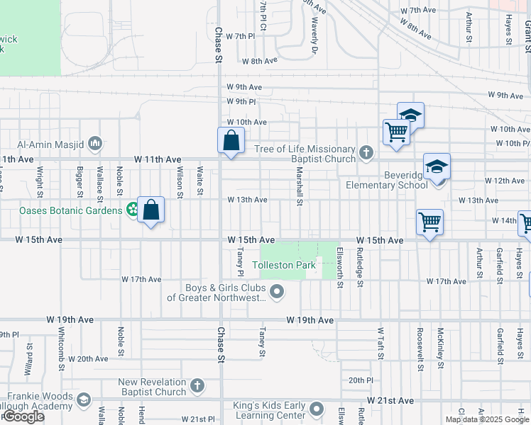 map of restaurants, bars, coffee shops, grocery stores, and more near 1323 Taney Street in Gary