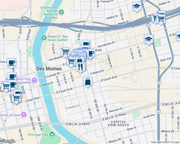 map of restaurants, bars, coffee shops, grocery stores, and more near 610 East Walnut Street in Des Moines