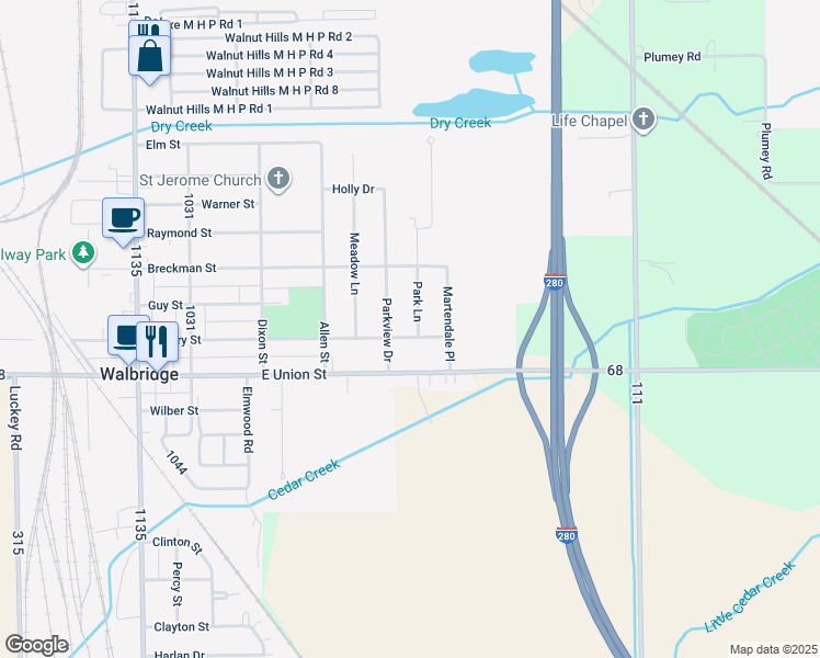 map of restaurants, bars, coffee shops, grocery stores, and more near 201 Park Lane in Walbridge