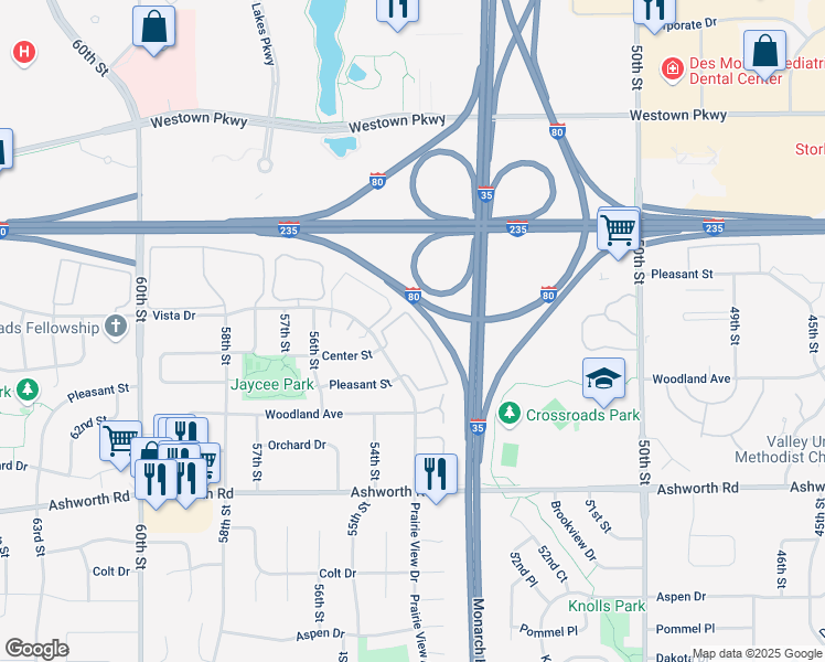 map of restaurants, bars, coffee shops, grocery stores, and more near 1233 Prairie View Drive in West Des Moines