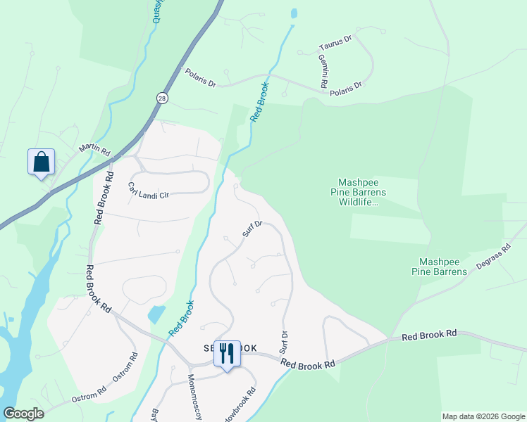 map of restaurants, bars, coffee shops, grocery stores, and more near 117 Surf Drive in Mashpee