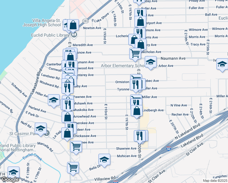 map of restaurants, bars, coffee shops, grocery stores, and more near 19505 Pawnee Avenue in Cleveland