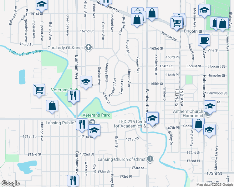map of restaurants, bars, coffee shops, grocery stores, and more near 1528 Lincoln Place in Calumet City