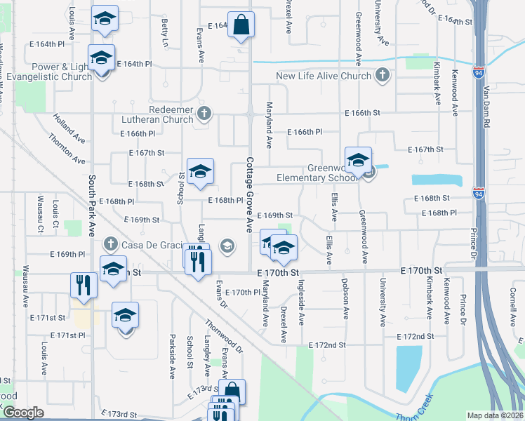 map of restaurants, bars, coffee shops, grocery stores, and more near 822 East 169th Street in South Holland