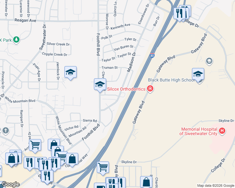 map of restaurants, bars, coffee shops, grocery stores, and more near 3501 Madison Drive in Rock Springs