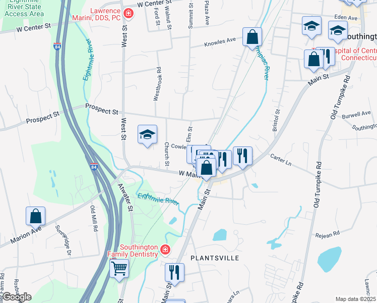 map of restaurants, bars, coffee shops, grocery stores, and more near 42 Cowles Avenue in Southington