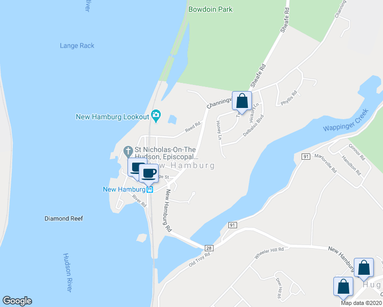 map of restaurants, bars, coffee shops, grocery stores, and more near 51 Main Street in Wappingers Falls