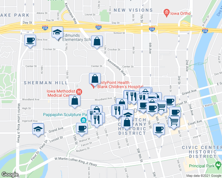 map of restaurants, bars, coffee shops, grocery stores, and more near 1001 Pleasant Street in Des Moines