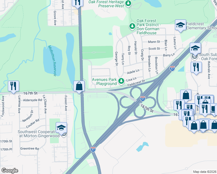 map of restaurants, bars, coffee shops, grocery stores, and more near 16644 Lockridge Avenue in Oak Forest