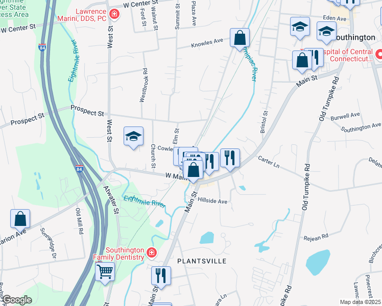 map of restaurants, bars, coffee shops, grocery stores, and more near 411 Summer Street in Southington