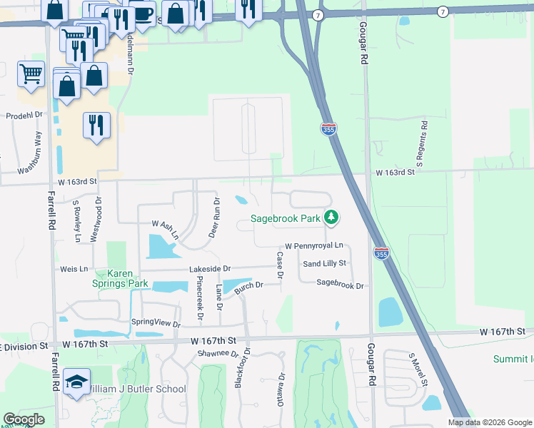 map of restaurants, bars, coffee shops, grocery stores, and more near 16255 Wirestem Drive in Lockport