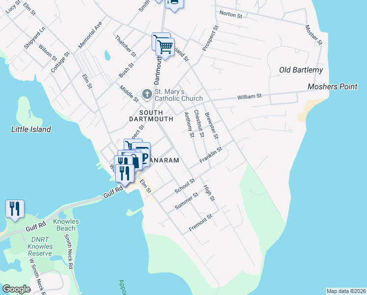 map of restaurants, bars, coffee shops, grocery stores, and more near 19 Middle Street in Dartmouth