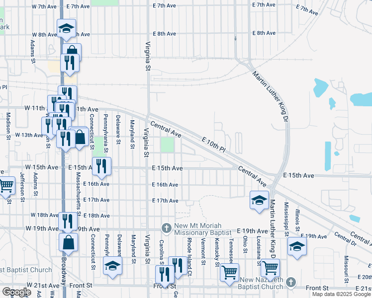 map of restaurants, bars, coffee shops, grocery stores, and more near 1341 Georgia St in Gary