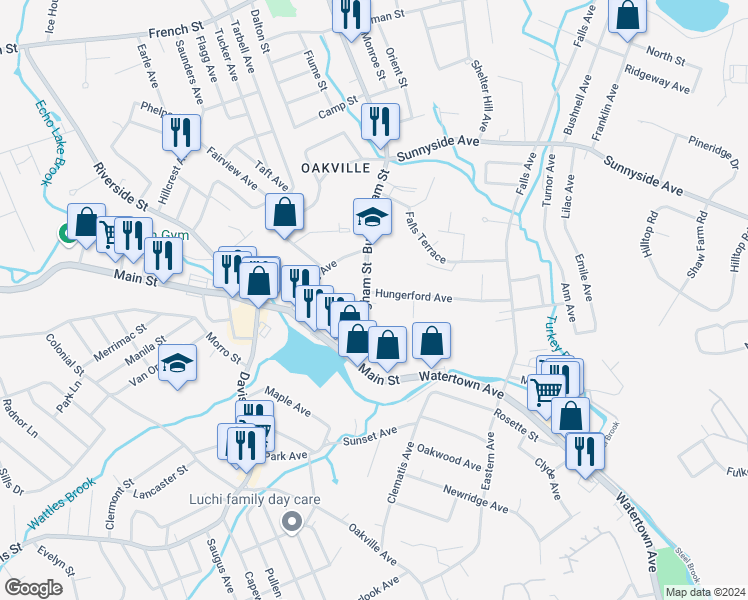 map of restaurants, bars, coffee shops, grocery stores, and more near 37 Hungerford Avenue in Watertown
