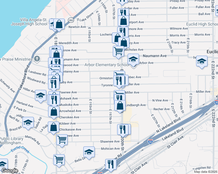 map of restaurants, bars, coffee shops, grocery stores, and more near 19711 Pawnee Avenue in Cleveland