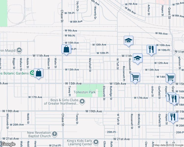 map of restaurants, bars, coffee shops, grocery stores, and more near 1337 Marshall Street in Gary