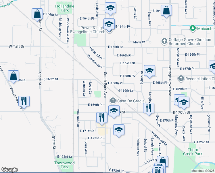 map of restaurants, bars, coffee shops, grocery stores, and more near 16800 South Park Avenue in South Holland