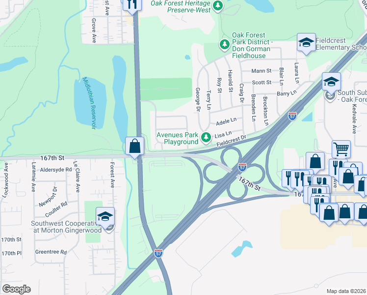 map of restaurants, bars, coffee shops, grocery stores, and more near 16644 Lockridge Avenue in Oak Forest