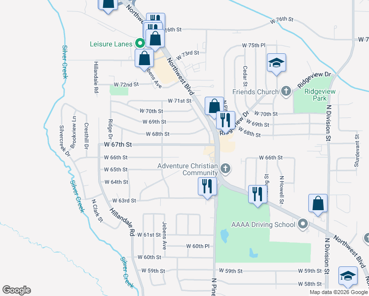 map of restaurants, bars, coffee shops, grocery stores, and more near 2509 W 67th St in Davenport