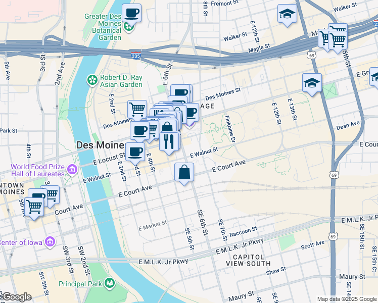 map of restaurants, bars, coffee shops, grocery stores, and more near 610 East Walnut Street in Des Moines