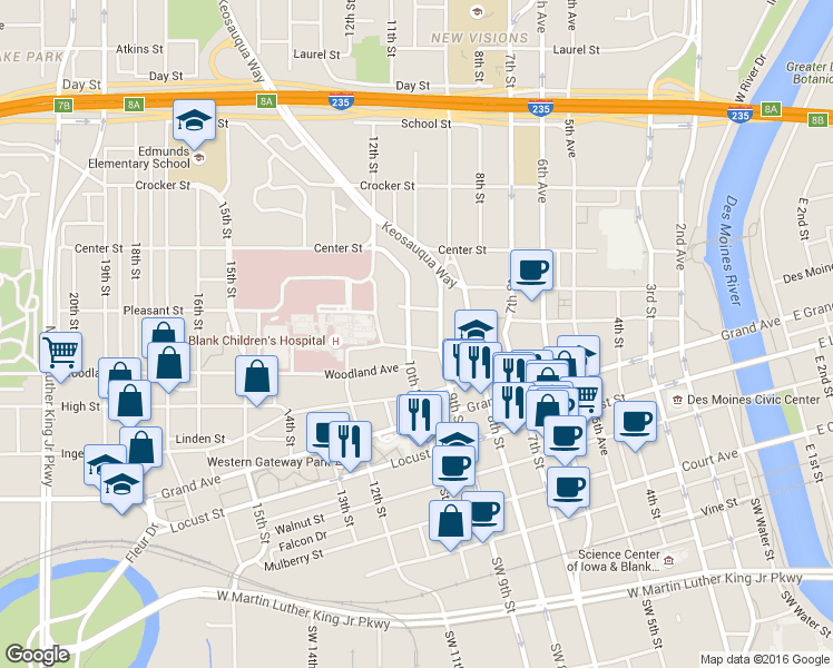 map of restaurants, bars, coffee shops, grocery stores, and more near 921 Pleasant Street in Des Moines
