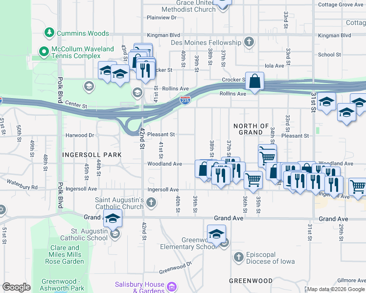 map of restaurants, bars, coffee shops, grocery stores, and more near 667 40th Street in Des Moines