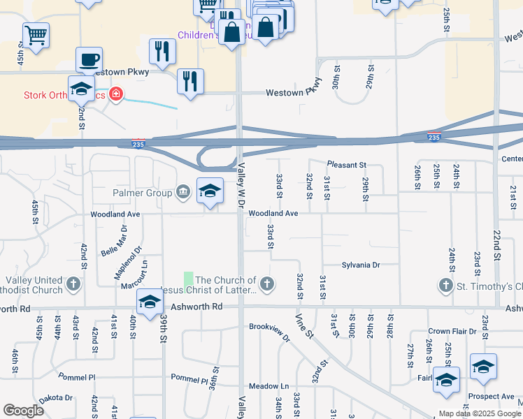 map of restaurants, bars, coffee shops, grocery stores, and more near 3375 Woodland Avenue in West Des Moines