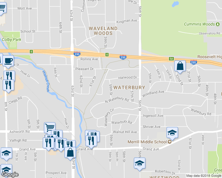 map of restaurants, bars, coffee shops, grocery stores, and more near Woodland Road in Des Moines