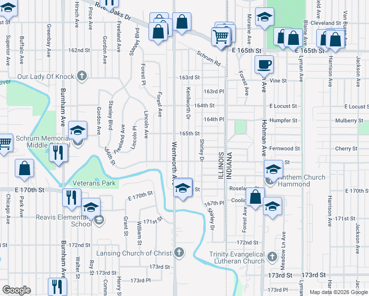 map of restaurants, bars, coffee shops, grocery stores, and more near 1531 Wentworth Avenue in Calumet City