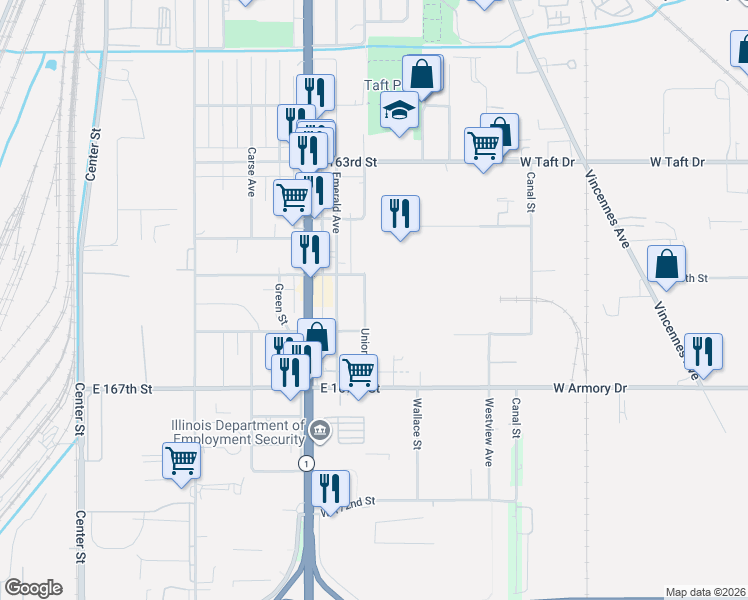 map of restaurants, bars, coffee shops, grocery stores, and more near 16522 Lowe Avenue in Harvey