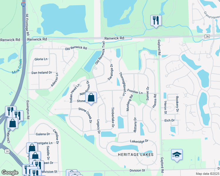 map of restaurants, bars, coffee shops, grocery stores, and more near 2701 Frontier Lane in Joliet