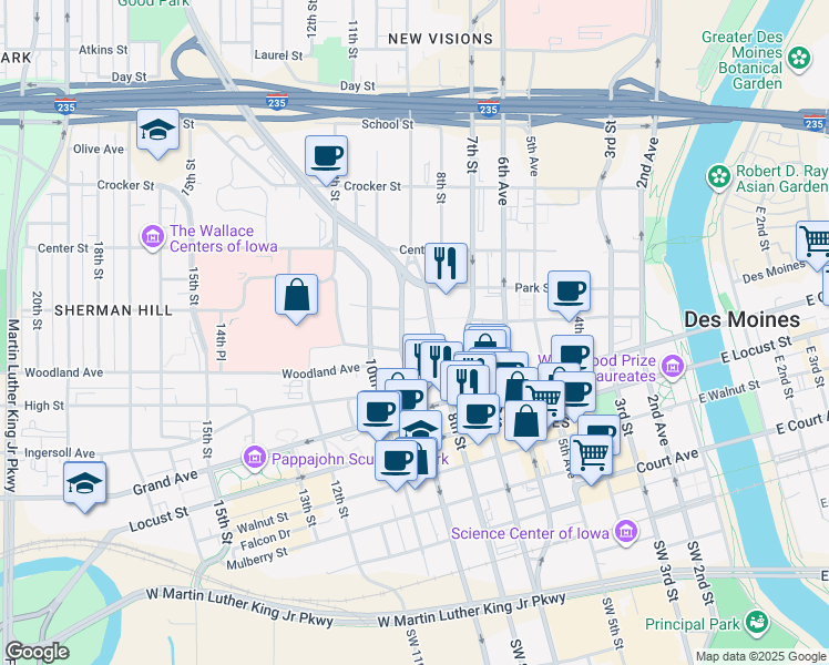 map of restaurants, bars, coffee shops, grocery stores, and more near 655 9th Street in Des Moines