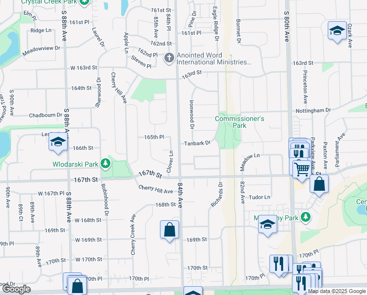 map of restaurants, bars, coffee shops, grocery stores, and more near 8341 Tanbark Drive in Tinley Park
