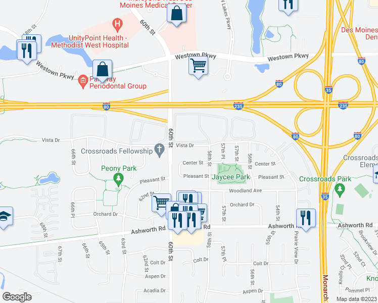 map of restaurants, bars, coffee shops, grocery stores, and more near 5832 Vista Drive in West Des Moines