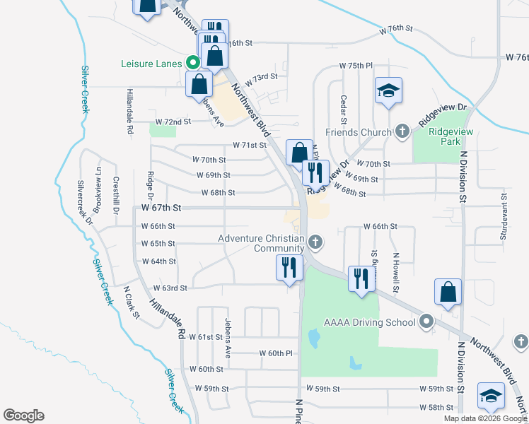 map of restaurants, bars, coffee shops, grocery stores, and more near 2509 West 67th Street in Davenport
