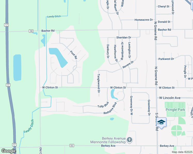 map of restaurants, bars, coffee shops, grocery stores, and more near 213 Tanglewood Drive in Goshen